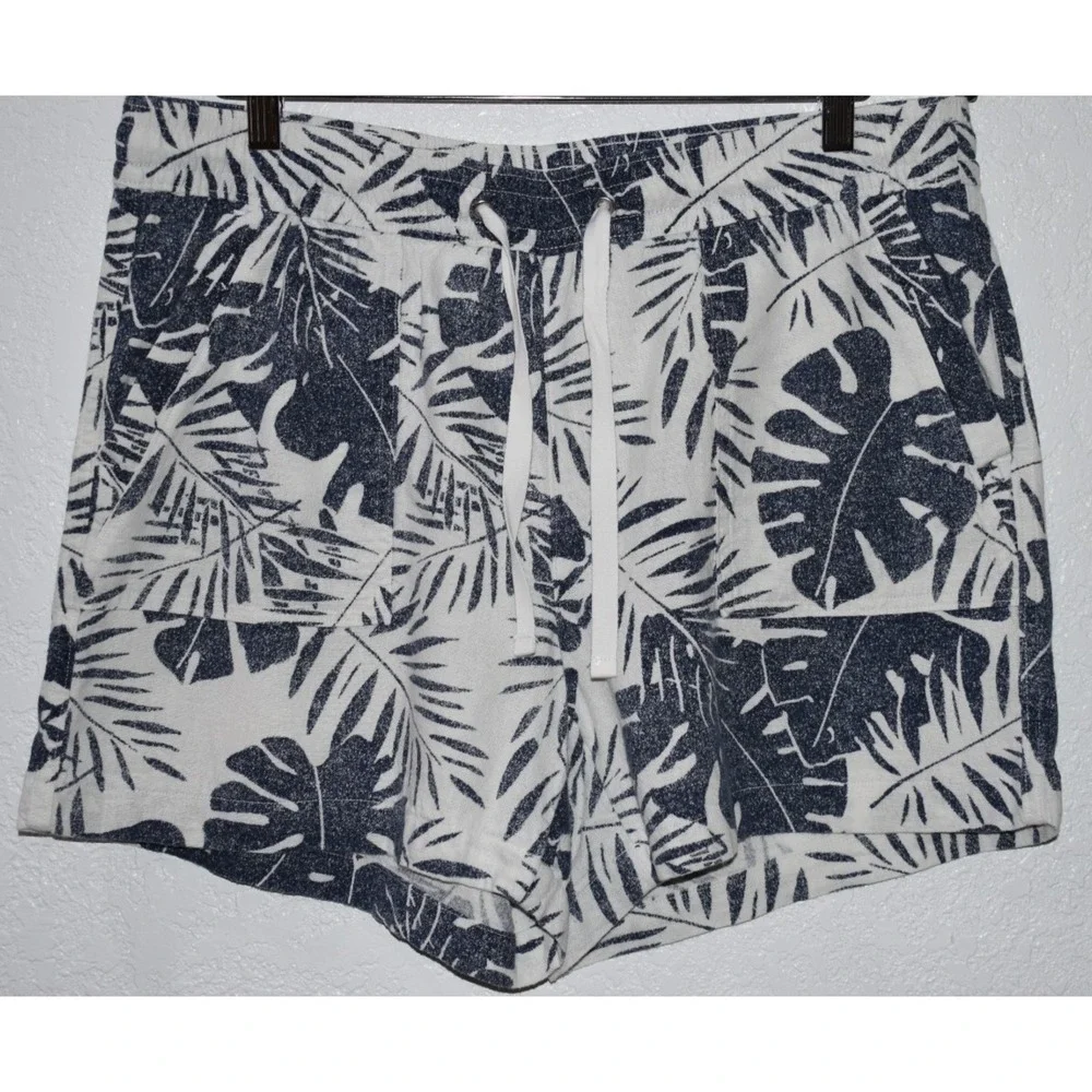 Nautica Womens LARGE Linen Blend Shorts Pull-On Tropical Hawiian Pockets Blue - Picture 1 of 16